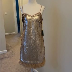 NWT CeCe gold sequin dress with fur trim